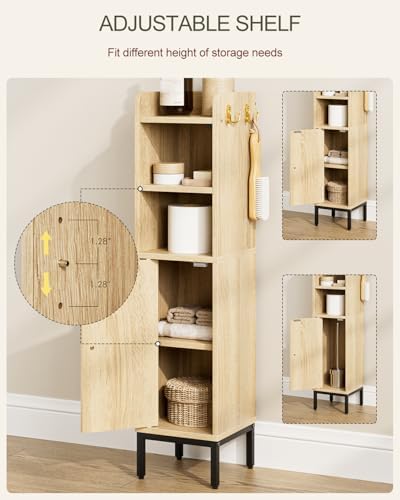 Bathroom Storage Cabinet, Small Corner Floor Hutch with 2Hooks,Narrow Toilet Paper Cabinet with Rattan Door,Bathroom Organizer with Adjustable Shelf, for Small Spaces,Oak
