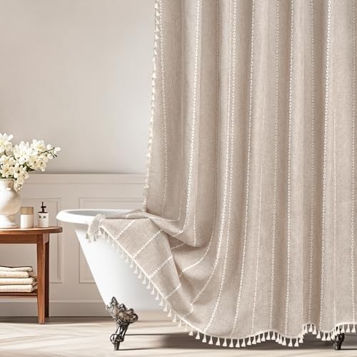 Seenus Boho Farmhouse Shower Curtain Heavyweight with Tassels, 72 x 84 Inch Extra Long Taupe Linen Textured Fabric Shower Curtain for Bathroom, Tan and White Striped Bath Décor Curtain Water Repellent