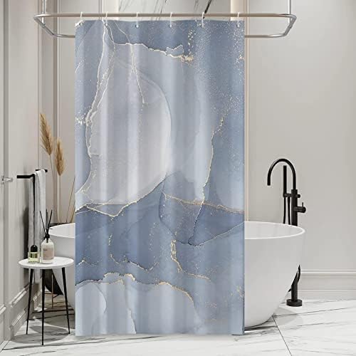 AWERT Small Half Size Stall Shower Curtain with 6 Hooks Shower Stall Curtain 36 x 72 Light Blue Marble Gold 36 inch Shower Curtain for Bathroom/RV and Camper (Blue Marble)