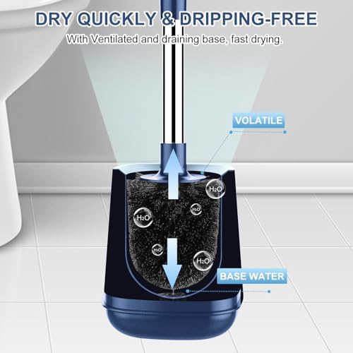 SetSail Toilet Brush and Holder 3 Pack, Self Closing Lid Toilet Bowl Brushes Holder Extra Long Handle Ventilated Toilet Brush Set for Bathroom Cleaning, Nylon Bristles, Dark & Blue