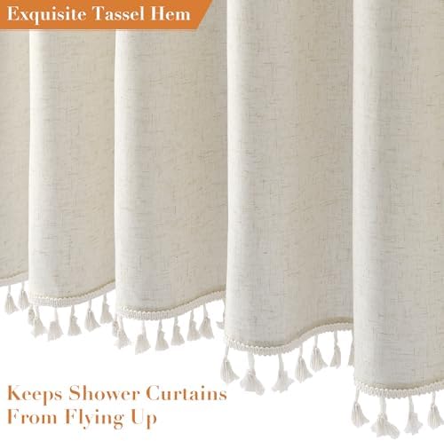 Nanspring Stall Natural Boho Linen Shower Curtain 36 Inch Rustic Cottagecore Narrow Fabric Shower Curtain Set with Hooks for Bathroom Modern Farmhouse Camper RV Tassel Bath Curtain 36x72, Cream