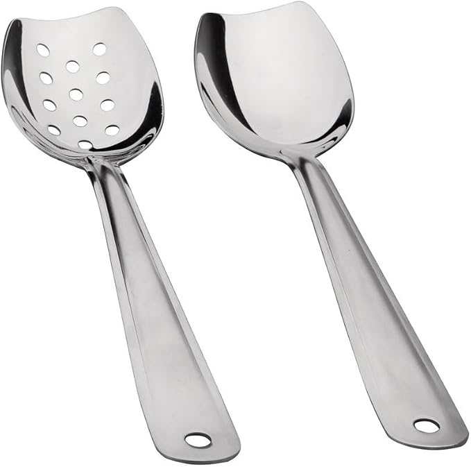 IMEEA 10 Inch Flat Bottom Scraping Cooking Spoon Set of 2, 18/8 Stainless Steel Slotted & Solid Stirring Spoon, Flat Edge Kitchen Spoon for Stir Fry, Sauce, Soup, Instant Pot