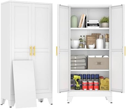 61" White Metal Storage Cabinet with 2 Doors and 3 Adjustable Shelves,Steel Garage Tool Cabinet, File Cabinet,Kitchen Pantry Cabinet for Home,Office,Garage,School,Warehouse