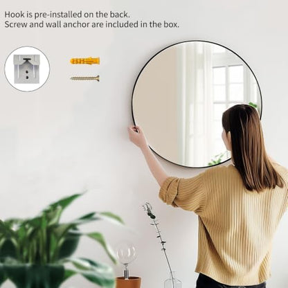 Sunniry Round Mirror 28 inch, Round Black Mirror, Matte Black Metal Frame