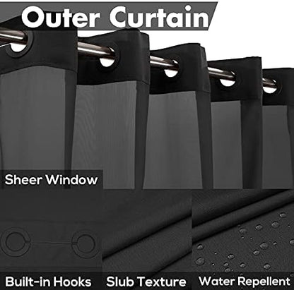 River Dream Extra Long No Hook Shower Curtain with Snap-in Liner, Black