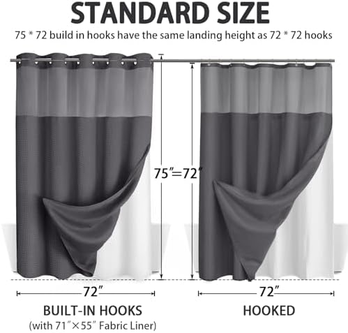 No Hook Shower Curtain with Liner Set Hotel Waffle Dark Grey 72W X 75L