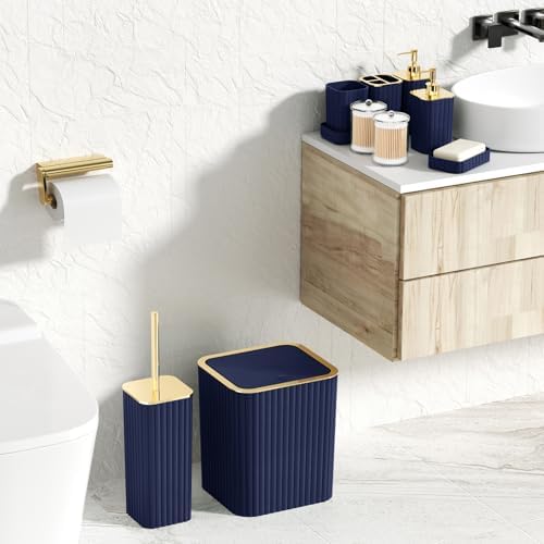 XLHOMO Bathroom Set with Shower Curtain and Rugs- 25PC Blue Bathroom Accessory Set, Navy Blue Shower Curtain Set, Toilet Brush, Trash Can, Qtip Holder & Soap Dispenser