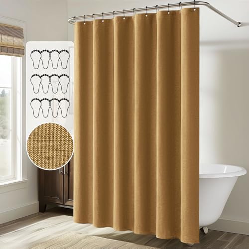 MIULEE Linen Fabric Shower Curtain Gold W72*L72 12 Metal Hooks
