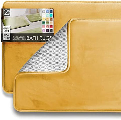 Clara Clark 2 Piece Bathroom Rugs Bath Mat Set, Velvet Memory Foam Bath Mats for Bathroom - Non-Slip, PVC Backing Bath Rugs, Washable - Dries Quickly, Gold