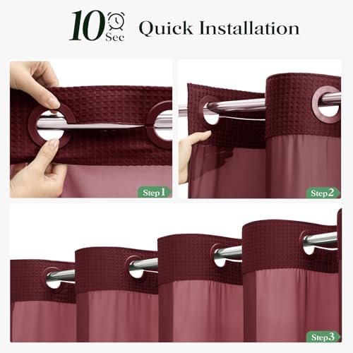 Dynamene Burgundy Hook Free Waffle Shower Curtain & Snap Fabric Liner,72x99