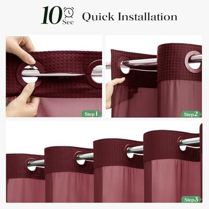 Dynamene Burgundy Hook Free Waffle Shower Curtain & Snap Fabric Liner,72x99