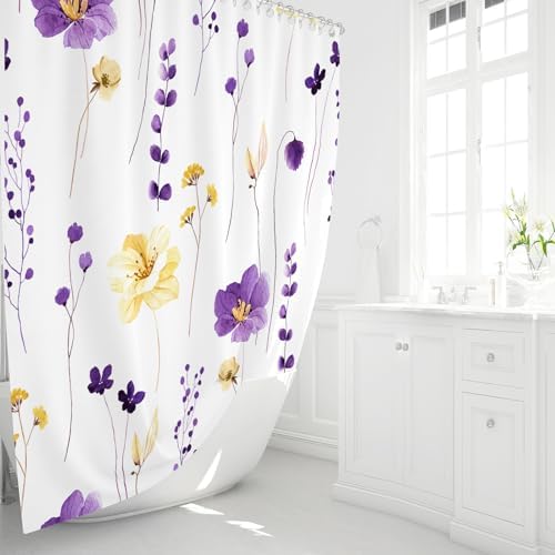 Gibelle Purple Yellow Watercolor Floral Fabric Shower Curtain, 72x72