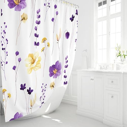 Gibelle Purple Yellow Watercolor Floral Fabric Shower Curtain, 72x72