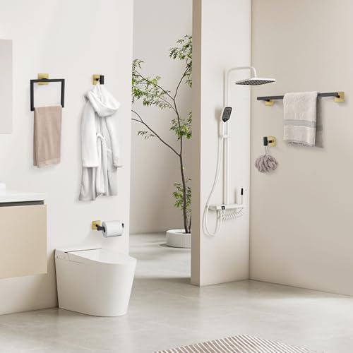 YACVCL Towel Bar Set, 5-Piece Black and Gold Bathroom Hardware Set, Black&Gold Bathroom Accessories Set, SUS304 Stainless Steel 23.6 Inch Towel Holder Towel Racks Set Wall Mounted