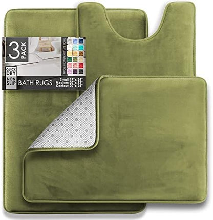 Clara Clark 3 Piece Bathroom Rugs Bath Mat Set, Velvet Memory Foam Bath Mats for Bathroom - Non-Slip, PVC Backing Bath Rugs, Washable - Dries Quickly, Green