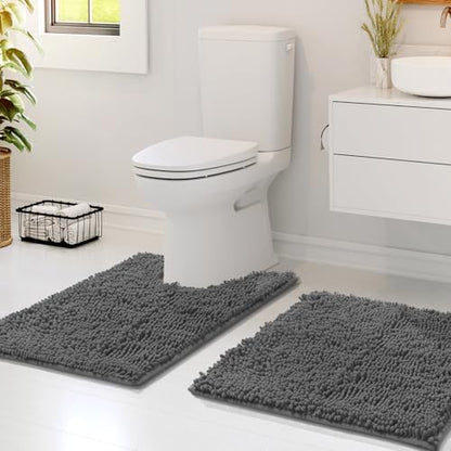 Hearth & Harbor Bathroom Rugs, Chenille Bath Mat - Machine Washable Bath Mats for Bathroom Non-Slip Backing Rubber, Quick Dry Bathroom Mat - Grey 17x24-20x24