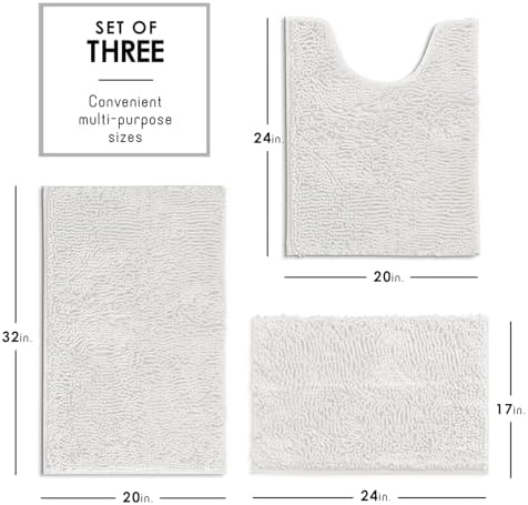 Hearth & Harbor Bathroom Rugs, Chenille Bath Mat - Machine Washable Bath Mats for Bathroom Non-Slip Backing Rubber, Quick Dry Mat - White Bath Rug, 17x24-20x32-20x24