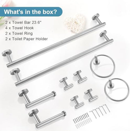 TQKAG Brushed Nickel Bathroom Hardware Accessories Set - 10-Piece Premium SUS304 Stainless Steel Towel Bar Holder Set with 23.6 Inch Round Towel Racks for Wall Mounted Bathroom
