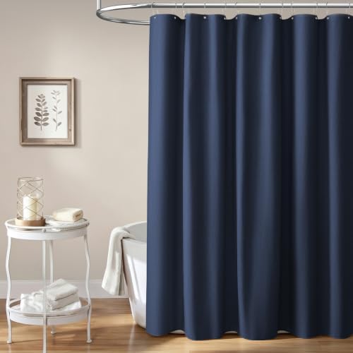 BTTN Navy Blue Linen Textured Waterproof Fabric Shower Curtain Set, 72x72
