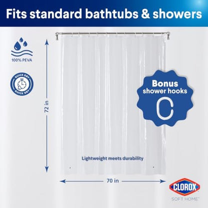 Clorox Shower Curtain Liner & Hooks, Premium Lightweight Flexible Waterproof 4g PEVA for Bathroom with Weighted Magnets, Standard Size 70" x 72", Clear 1 Pack