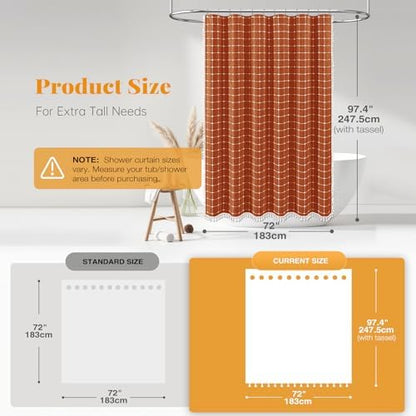 BTTN Extra Long Boho Linen Fabric Shower Curtain Set, 72x96, Burnt Orange