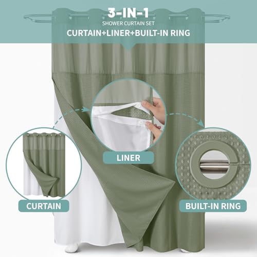 No Hook Extra Long Waffle Shower Curtain with Snap-in Liner,71x98,SageGreen