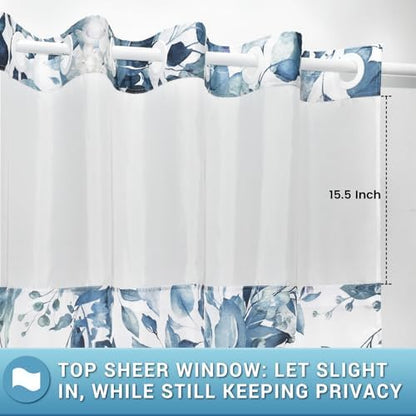 WITHLOC No Hook Floral Shower Curtain with Liner, Eucalyptus Blue, 71x80