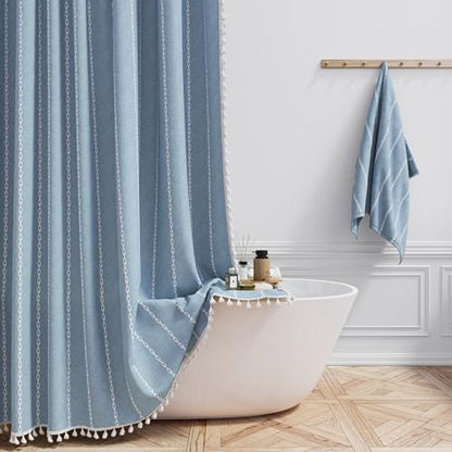 BTTN 54x78 Boho Farmhouse Linen Heavy Duty Cloth Shower Curtain Set, Blue