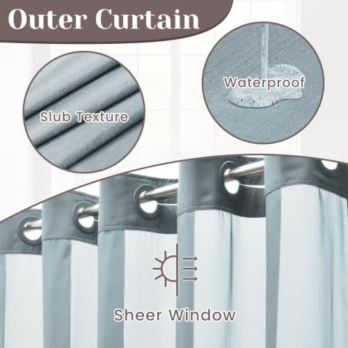 SORTTO No Hook Slub Shower Curtain with Liner, 71x74, Stone Blue