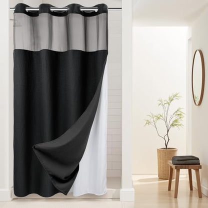 RiverDream Heavyweight Waffle No Hook Shower Curtain with Liner,Black,54x80