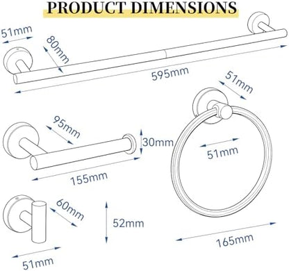 HOMOTEK 4 Pieces Bathroom Accessories Hardware Set, 24 inch Towel Bar, Towel Ring, Robe Hook, Toilet Paper Holder, Stainless Steel Rack Kit Wall Mounted, Matte Black
