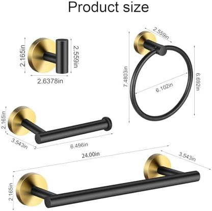 Bathroom Hardware Set 24 Inch, Black Gold Towel Bar Set Including 24" Hand Towel Bars, Toilet Paper Holders, Towel Rings, Robe Towel Hooks