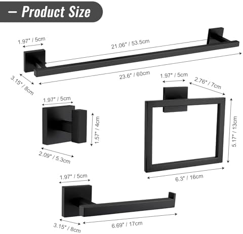 YACVCL Matte Black Towel Bar Set 10-Piece Bathroom Hardware Accessories Set,Black Bathroom Towel Holder Set 23.6 Inch Towel Bar Stainless Steel Wall Mounted Towel Rack Set