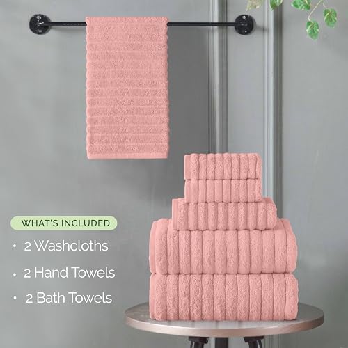 Elegant Comfort 100% Turkish Cotton Corduroy Ribbed Luxury Bath Towels, Premium Quick Dry Highly Absorbent 6 Piece Set with Bath & Hand Towels, 2 Each Plus Washcloths, Dusty Rose (Pack of 4)