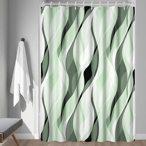 Green Striped Shower Curtain with Hooks for Bathroom 72x84 Inch