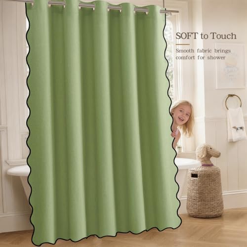 Furlinic Scalloped Linen No Hook Shower Curtain Sage Green Waterproof 72x75