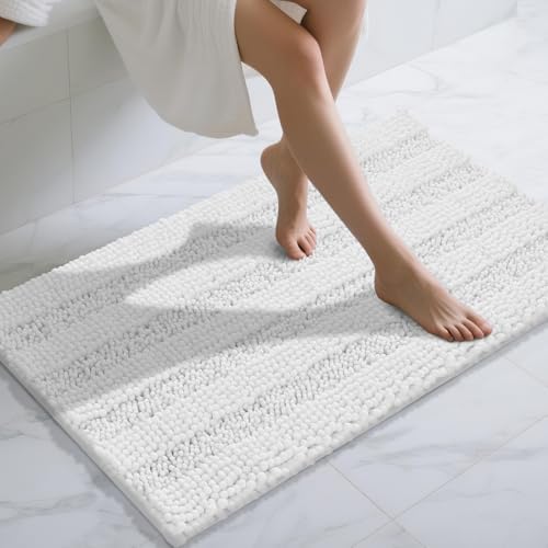 Yimobra Bathroom Rug Mat 44 x 24, Non Slip and Super Absorbent Bath Mat,Machine Washable Quick Dry,Ultra Plush Chenille Shower Rugs for Bathroom Floor Sink Tub and Shower Outside,White