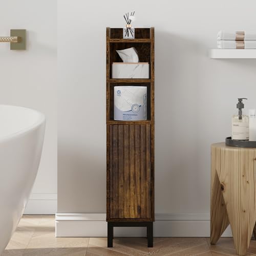 FerniTry Small Bathroom Storage Cabinet, Corner Floor Narrow Toilet Paper Cabinet with Door and Shelves,Bathroom Organizer with Adjustable Shelf, for Small Spaces (Rustic Brown)