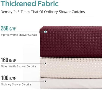 Vipfree 3 in 1 Shower Curtain Set, Waffle Shower Curtain and Liner Set with 12 Double Sided Shower Curtain Hooks, 258GSM Luxury Weighted Cloth Shower Curtains for Bathroom, 72 W x 72 H, Burgundy