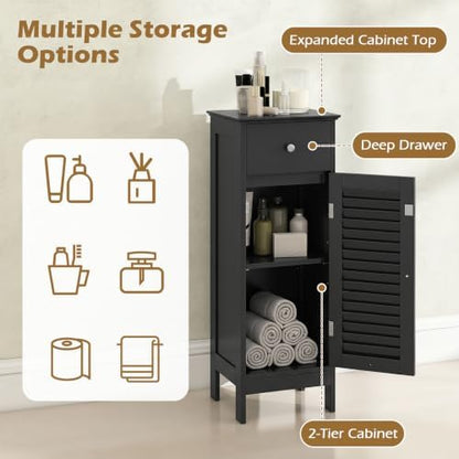 GIANTEX Bathroom Floor Storage Cabinet with Louvered Door and Drawer, Black