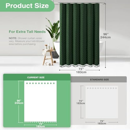 Dynamene Extra Long Boho Shower Curtain Tufted Chevron 72"x96" Dark Green
