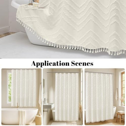 OWENIE Boho Shower Curtain, Beige Fabric Cloth Shower Curtains Farmhouse Tufted Chevron Striped Textured with Tassel for Bathroom, Soft Hotel Style Modern Minimalist, Machine Washable, 72x72, Beige