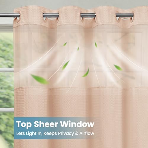 No Hook Waffle Shower Curtain with Snap in Liner Set, 71x74, Blush Pink