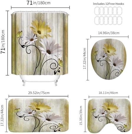 Onalasyc 4PCS Yellow Daisy Bathroom Sets with Shower Curtain and Rugs