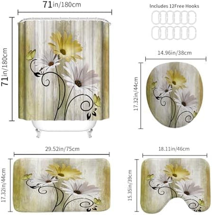 Onalasyc 4PCS Yellow Daisy Bathroom Sets with Shower Curtain and Rugs