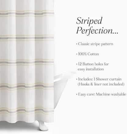 Lush Decor Farmhouse Stripe Cotton Shower Curtain, 72" W x 72" L, Yellow & Gray - Striped Bathroom Curtain - Fabric Shower Curtains - Farmhouse Bathroom Decor