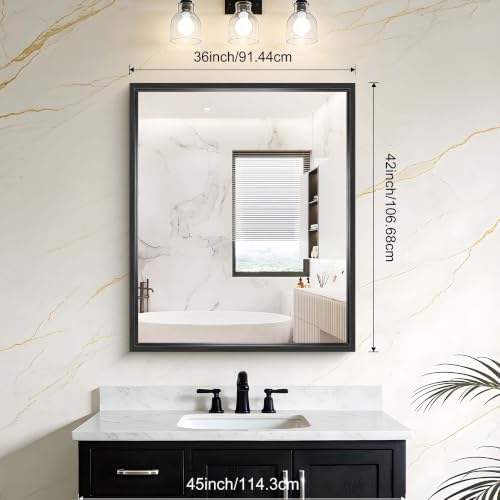 Bathroom Mirror, 42 x 36 Inch Brushed Black Rectangle Mirror, 0.6" Thickened Deep Frame Mirrors for Wall Over Sink, Shatterproof Tempered Glass, Antirust, Horizontally or Vertically