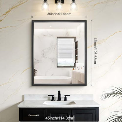 Bathroom Mirror, 42 x 36 Inch Brushed Black Rectangle Mirror, 0.6" Thickened Deep Frame Mirrors for Wall Over Sink, Shatterproof Tempered Glass, Antirust, Horizontally or Vertically