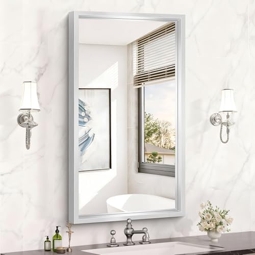 20x36 Silver Bathroom Mirror, Brushed Silver Rectangular Mirror for Wall, 0.6" Thickened Deep Frame Mirrors for Bathroom Sink, Shatterproof Tempered Glass, Antirust, Horizontally or Vertically