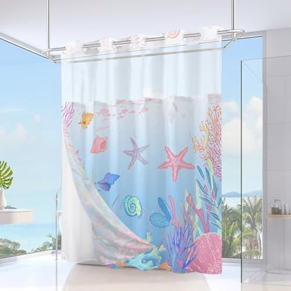 No Hook Shower Curtain and Liner Set, Blue Pink Beach Coastal 71x74